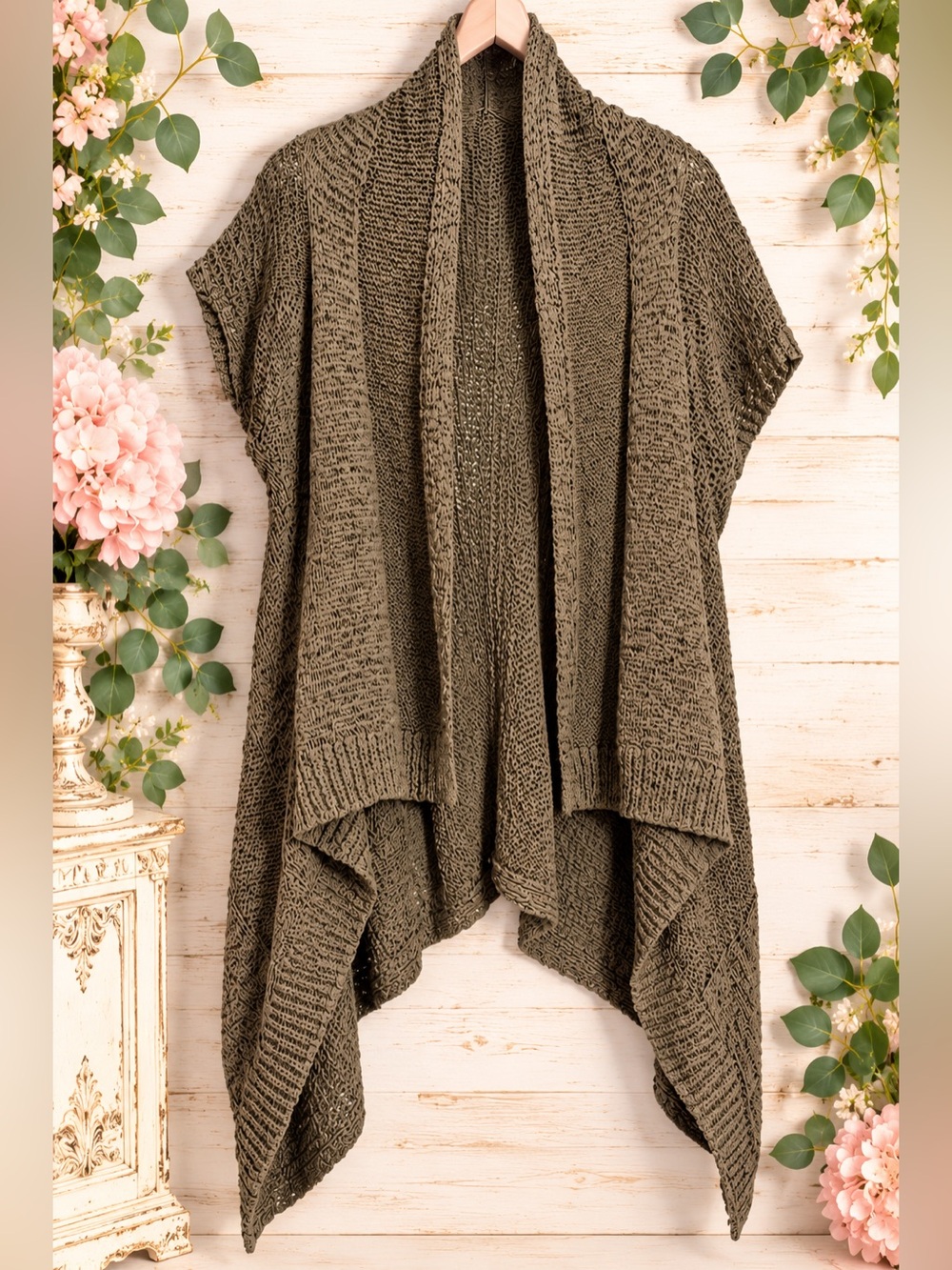 Open-Front Knit Poncho Cardigan in Olive